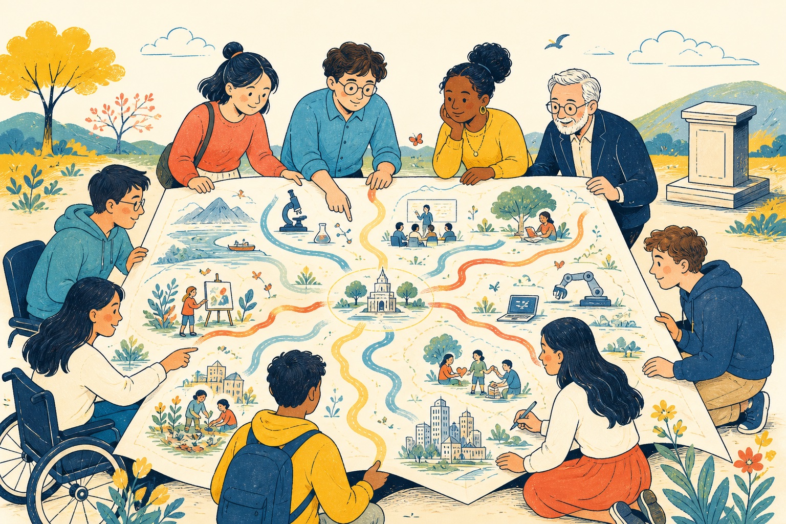 学生与教师共同展开多维教育地图,探索科研、教学、技术、创造和公共服务等不同道路